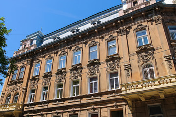 Fototapeta na wymiar Facade of old building in the historical city centre. Lviv, Ukra