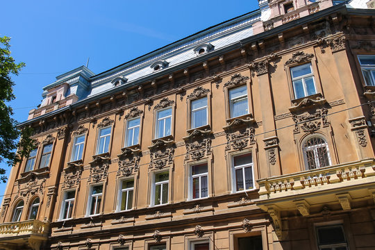 Facade of old building in the historical city centre. Lviv, Ukra