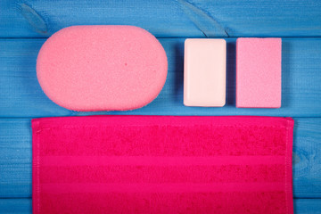 Accessories and cosmetics for personal hygiene in bathroom, concept of body care, copy space for...