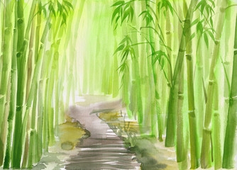 Enkel pad steegje door groene bamboe bos originele aquarel schilderij.