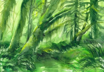  Vibrant green mossy trees in the deep of the forest. Original watercolor painting. © Veronika