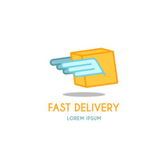 Template of logo of delivery company. Creative vector template in the form of box with wings. Vector template in the modern liner style.