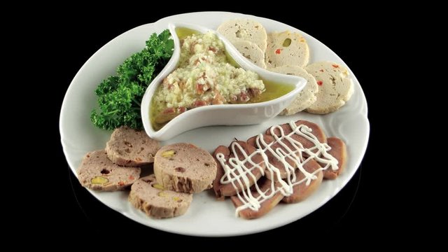 Plate of Arabic assorted meat (veal sausage with pistachios, chicken sausage with vegetables, sliced beef tongue, beef boiled brains), loop
