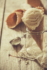 Vanilla ice cream in waffle cone