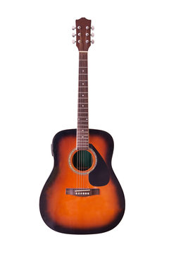 Brown wooden acoustic guitar isolated on white background