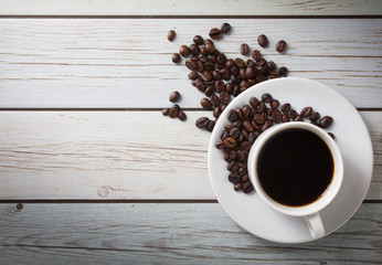 coffee and bean on the vintage wooden