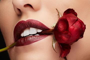 Woman with red lipstick holding a red rose in mouth