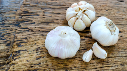 white garlic bulb on old wooden background