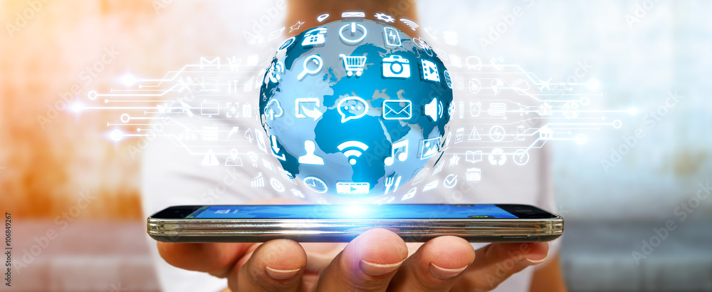 Poster Businessman using digital world with web icons