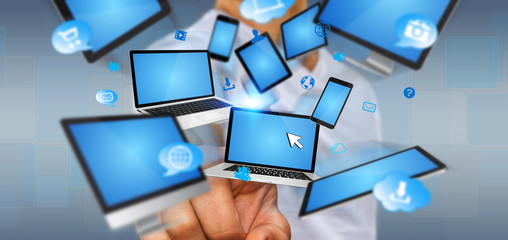 Businessman connecting tech device with his finger