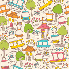 Kids seamless pattern with cartoon houses and trams. Vector illustration.