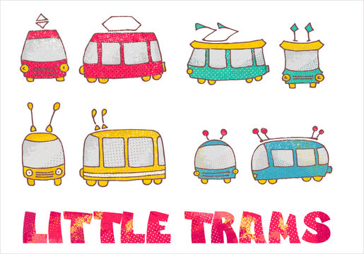 Set of cute cartoon trams. Isolated vector objects.