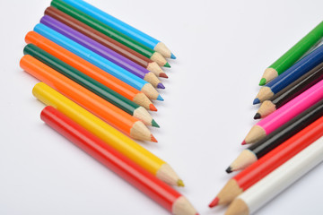Close up picture of many little colored pencil crayons on white