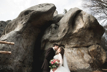 Happy wedding couple kissing and hugging near a high cliff