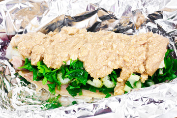 Mackerel Stuffed with Celery and Parsley in a Sauce of Coconut M