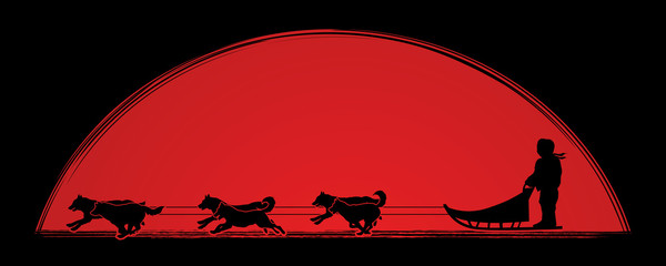 Sled Dogs designed on sunset background graphic vector.