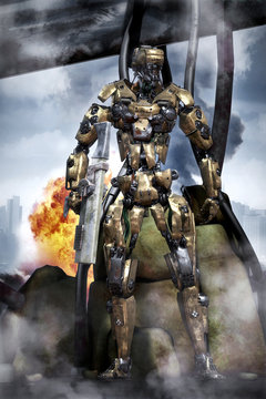 Robot futuristic soldier in combat