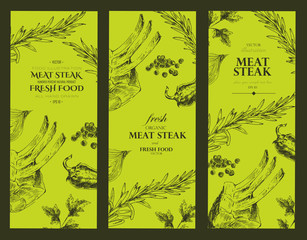 vector meat steak sketch drawing menu designer template. banner food hand-drawn backdrop for corporate identity