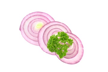 Sliced onion rings isolated on white background. Red onion on white.  