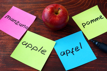 Apple written on papers on a different languages.  Language translation concept.