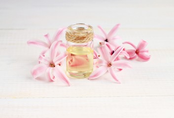 Flower hyacinth essential oil in bottle. 