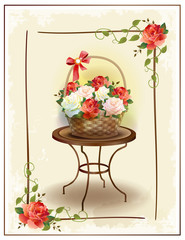 Basket  with roses.  Vintage birthday card. Holiday congratulati