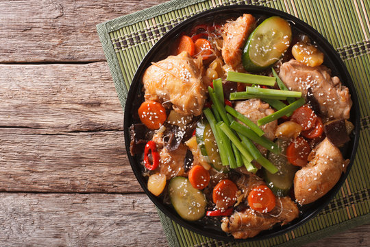 Korean food jjimdak: Stewed chicken with vegetables. Horizontal top view
