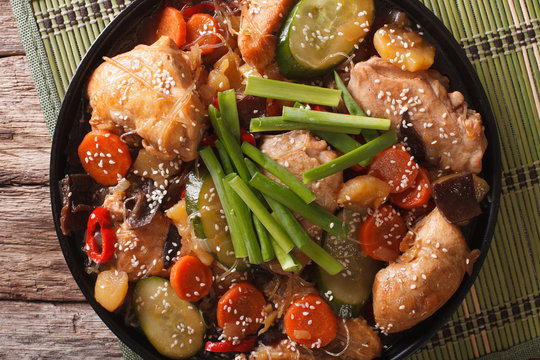 Korean Dakjim: chicken with vegetables close-up. horizontal top view
