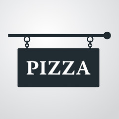 Icono plano cartel PIZZA en fondo degradado