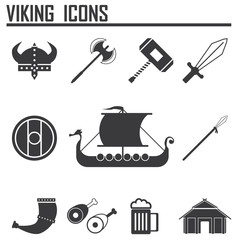 Vikings and Scandinavian items, the food, weapons flat icon set