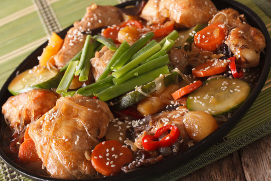 Korean food braised chicken with vegetables close-up. horizontal
