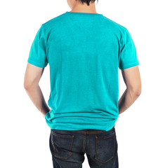 Close up of man in back blue sky shirt on white background.