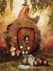 Baśniowa scena z gnomem, domkiem z dyni i żołędziami