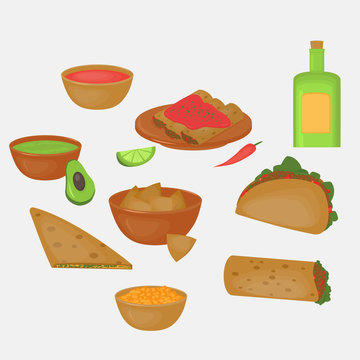 Mexican traditional food set, traditional cusine of Mexico, latino fast food menu takos, burrito