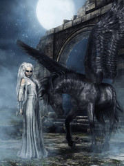 Fototapety  Czarny koń ze skrzydłami i księżniczka elfów na tle ruin zamku