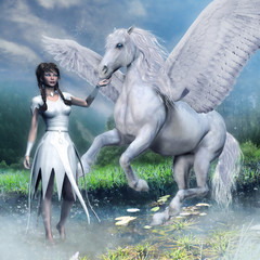 Dziewczyna i baśniowy koń ze skrzydłami  - obrazy, fototapety, plakaty