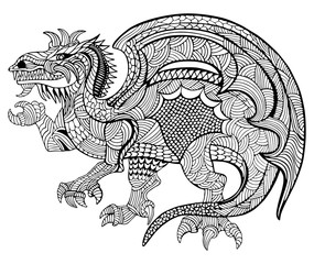 Hand drawn vector illustration with geometric and floral elements. Original hand drawn Dragon.