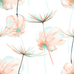 Kwiatowy wzór z akwarela różowe i miętowe kwiaty powietrza i fuzzies mniszka lekarskiego, ręcznie rysowane na białym tle - 106864400
