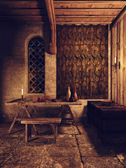 Średniowieczna jadalnia ze świecami i drewnianą skrzynią