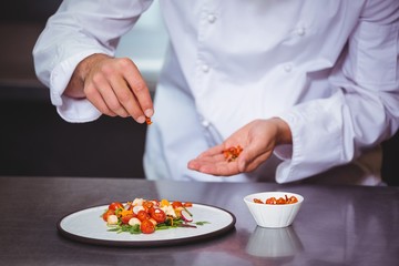 Chef sprinkling spices on dish in commercial kitchen