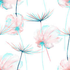 Fototapety  Kwiatowy wzór z akwarelowymi różowymi i miętowymi kwiatami powietrza i fuzzies mniszka lekarskiego, ręcznie rysowane na białym tle