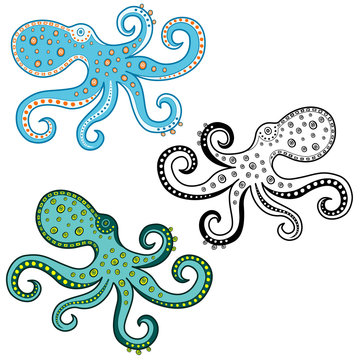 Cartoon octopus isolated on white background. Vector illustration. Undersea world.