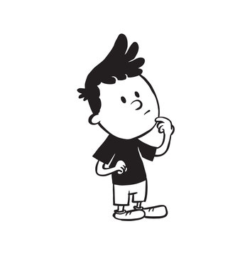 Vector cartoon image of a cute little boy in shorts and t-shirt standing thoughtful on a white background. Made in a monochrome style. Positive character. Vector illustration.