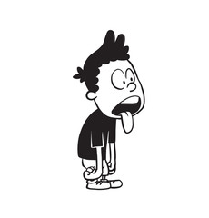 Vector cartoon image of a cute little boy in shorts and t-shirt standing surprised with tongue sticking out on a white background. Made in a monochrome style. Positive character. Vector illustration.