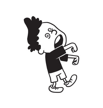 Vector cartoon image of a cute little boy in shorts and t-shirt walking like a zombie under hypnosis on a white background. Made in a monochrome style. Positive character. Vector illustration.