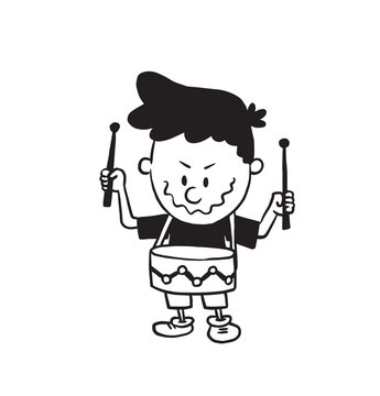 Vector cartoon image of a cute little boy in shorts and t-shirt with the drum and with drumsticks in hands on a white background. Made in a monochrome style. Positive character. Vector illustration.