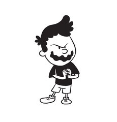 Vector cartoon image of a cute little boy in shorts and t-shirt standing rubbing his hands with an ominous expression on his face on a white background. Made in a monochrome style. Positive character.