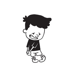 Vector cartoon image of a cute little boy in shorts and t-shirt standing with a guilty expression on his face on a white background. Made in a monochrome style. Positive character. Vector illustration