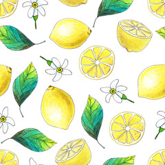 Seamless pattern with fruits drawn by color pencils