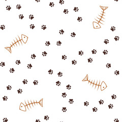 Cat theme seamless pattern with animal paw footprints paths and fish bones